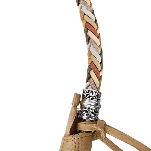 Brighton Barbados Hobo Ziptop Leather Boho Braided Strap Tan Shoulder Bag - Picture 13 of 14